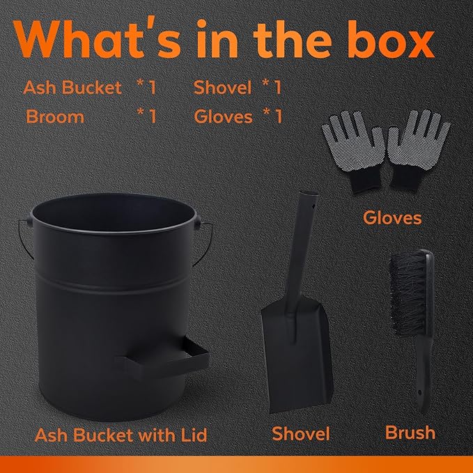 4 Gallon Ash Bucket with Lid and Shovel, Metal Fireplace Ash Bucket with Broom, Complete Fireplace Tools Set for Wood Stove and Fireplace