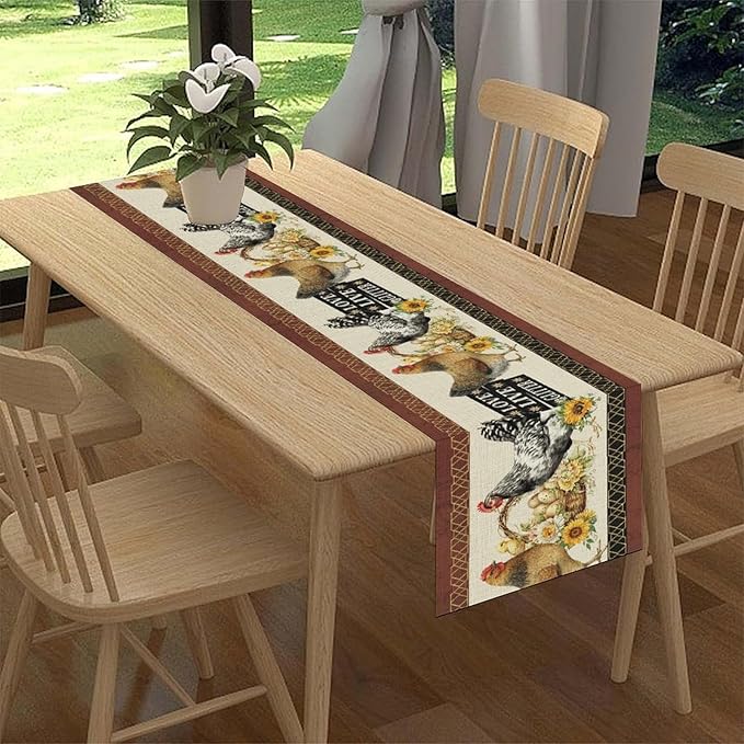 Farmhouse Rooster Table Runner, Rustic Vintage Chicken Egg Sunflower Floral Cow Hen Red Coffee Table Center Decor for Family Kitchen and Dining Room Outdoor Country Party Table Decorations, 13"x72"