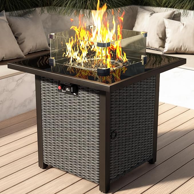 Propane Outdoor Fire Pit Table, 28" Rattan Square Fire Pit Table, Outdoor Gas FirePit W/Glass Wind Guard, Tempered Glass Tabletop, Lid, CSA Listed, 50,000 BTU, Outside Patio Deck & Garden, Black