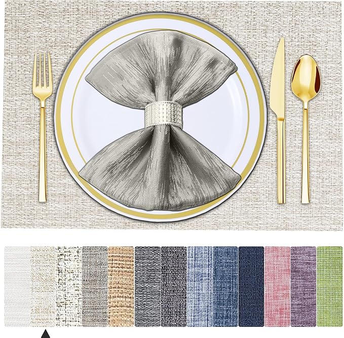 BETEAM Placemats Set of 6, Woven Vinyl Placemat for Dining Table Washable Wipeable Kitchen Place Mats Durable Indoor Outdoor Table Mats