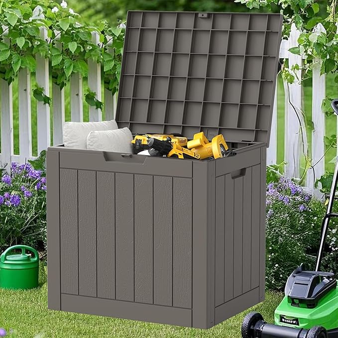 NUNU LAB 35 Gallon Outdoor Storage Box Waterproof, Outside Package Delivery Deck Boxes with Lockable Lid, Backyard Storage Bin For Garden Tools, Patio Cushions Accessories, Gray