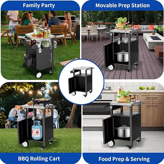 Outdoor Grill Cart with Storage, Stainless Steel Top, Movable Patio Kitchen Island, Rolling BBQ Cart, Dining Serving Cart for Family Party, Food and Others Prep Station, Black