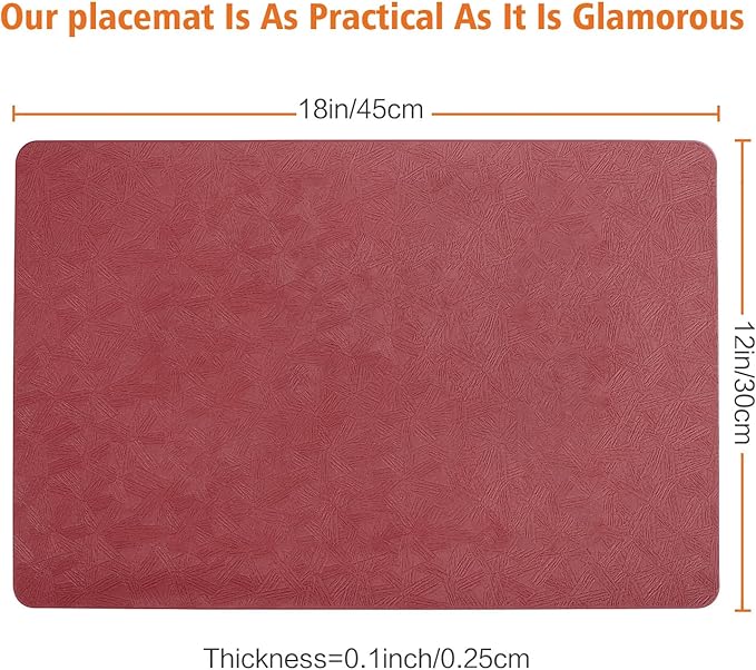 Vinyl Placemats Set of 6 Heat Resistant Easy Clean Non-Slip Place Mats for Dining Table. Faux Leather Waterproof Stain Resistant Wipeable Washable PU Table Mats(6, Red)