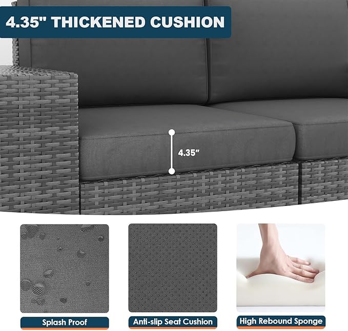 7 Piece Patio Furniture Set with Fire Pit Table, Outdoor Conversation Sets Wicker Rattan Sectional Sofa with Coffee Table, 4'' Thickened Cushion Dark Grey (Include Waterproof Cover)