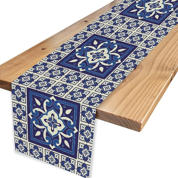Mexican Table Runner, Blue Floral Birds Mexico Talavera Tiles Ceramic Dia De Los Muertos Coffee Table Center Decor for Family Kitchen and Dining Farmhouse Indoor Outdoor Table Decorations, 13"x108"