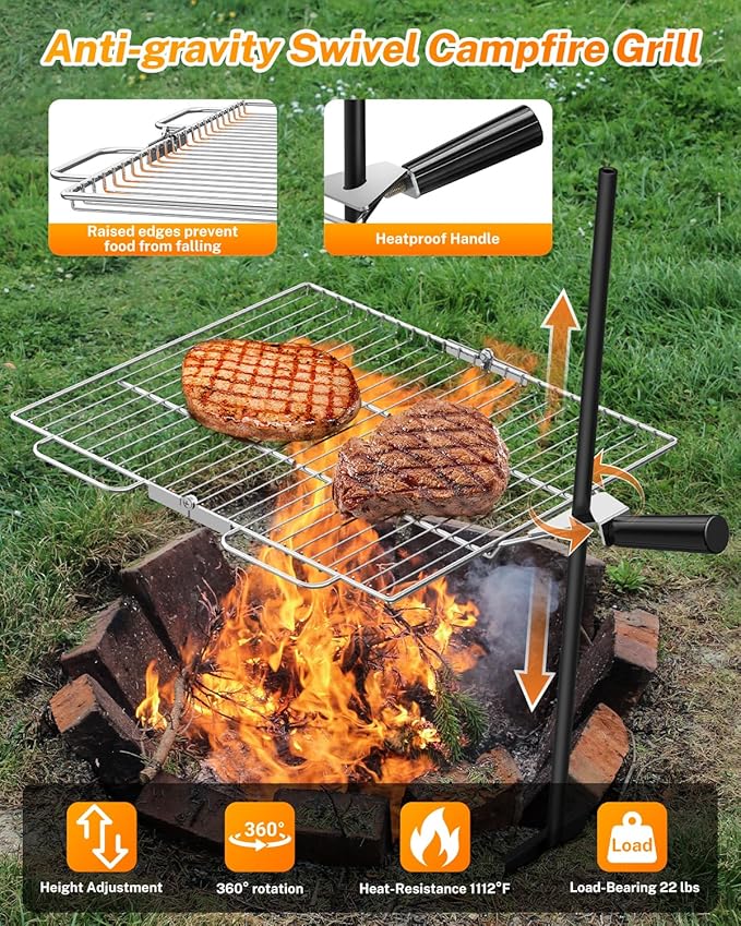 Gonex Portable Campfire Grill Grate for Fire Pit Foldable Stainless Steel Grill Height Adjustable Camping Cooking Equipment for RV Outdoor Backyard BBQ Courtyard 15.35"x18.3"