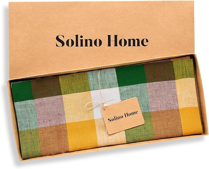 Solino Home Table Runner 60 Inches - 100% Pure Linen Buffalo Check Fall Multicolor Table Runner 14 x 60 Inch Ideal for Dresser and Coffee Tables