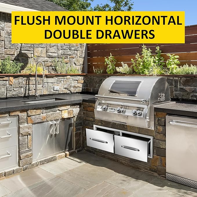Outdoor Kitchen Drawers 30" W x 10" H x 20" D Flush Mount Horizontal Double Drawers with Chrome Handle,Stainless Steel Built-in BBQ Drawer for Outdoor Kitchen Island, Patio Grill Station