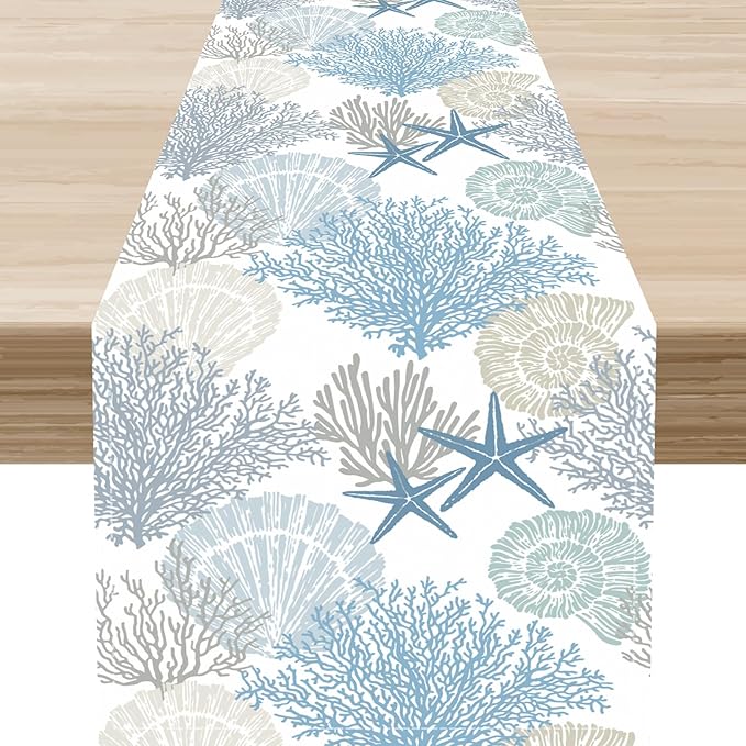Nautical Table Runner, Summer Coastal Starfish Seashells Coral Tropical Ocean Beach Blue Farmhouse Coffee Table Center Decor for Home Kitchen Dining Patio Indoor Outdoor Table Decorations, 13"x36"