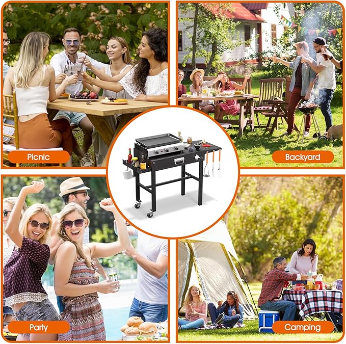 Grill Cart, Portable Grill Table for Blackstone Griddle, Foldable Outdoor BBQ Stand with Side Tray ＆ Hooks, Movable Pizza Oven Table for Outdoor Use, Fit 17"/25"/30" Large Space