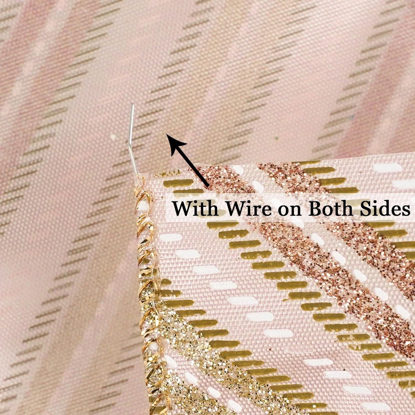 MEEDEE Pink Diagonal Striped Ribbon 2.5 Inch Blue Satin with Rose Gold and Champagne Glitter Wired Ribbon for Christmas Tree, Garlands, Wreaths, Topper Bow (10 Yards)