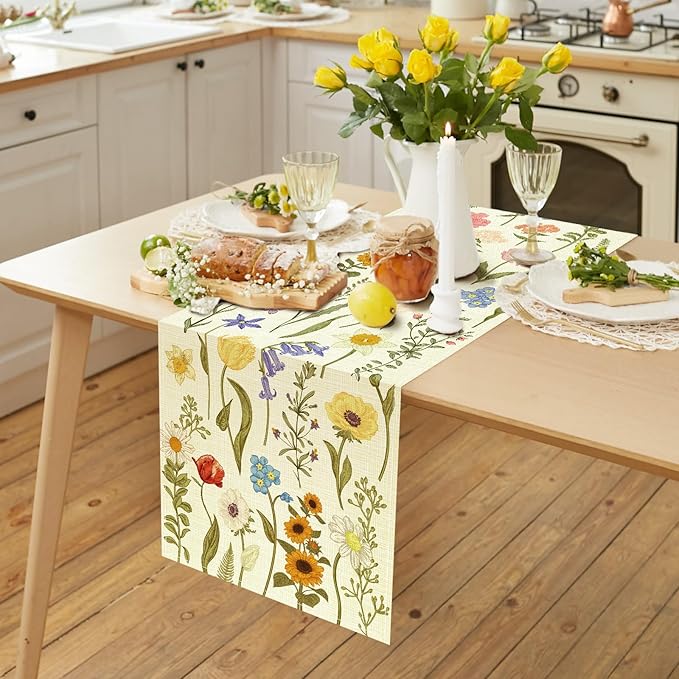 Summer Flower and Leaf Table Runner Seasonal Holiday Anniversary Indoor Outdoor Home Kitchen Table Party Decor (Colorful Flowers 3, 13×72 Inches)