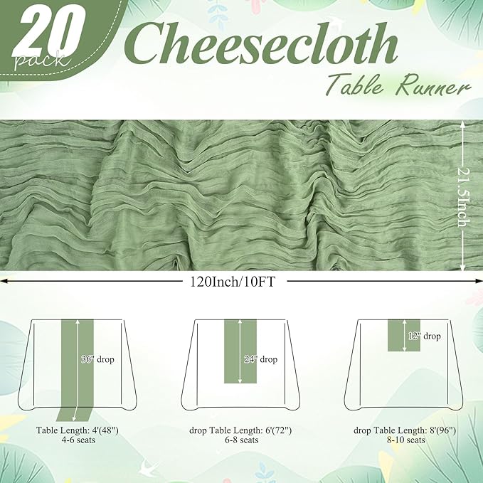 20 Packs Cheesecloth Table Runner 10FT Long Boho Gauze Fabric Table Runner Vintage Rustic Sheer Runners for Wedding Party Bridal Baby Shower Table Decorations (Sage Green)