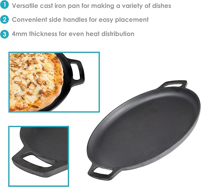 Sunnydaze 13.75-Inch Pre-Seasoned Cast Iron Pizza Pan with 2 Side Handles for Cooktop, Oven, and Grill