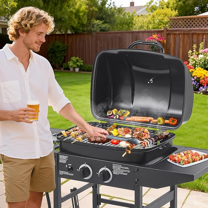 Lyromix 2 Burner Gas Grill with Side Burner, BBQ Propane Gas Grill With Porcelain-Enameled Cast Iron Grates and Bottle Opener, Stainless Steel Grill for Outdoor Cooking, Patios, Backyards, 23800BTU