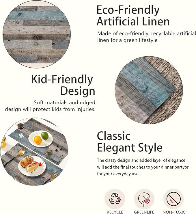 Rustic Wood Grain Placemats Set of 6,Vintage Barn Wooden Place Mats Heat Resistant Washable Non-Slip Table Mats for Party Kitchen Dining Decor 12x18 Inch