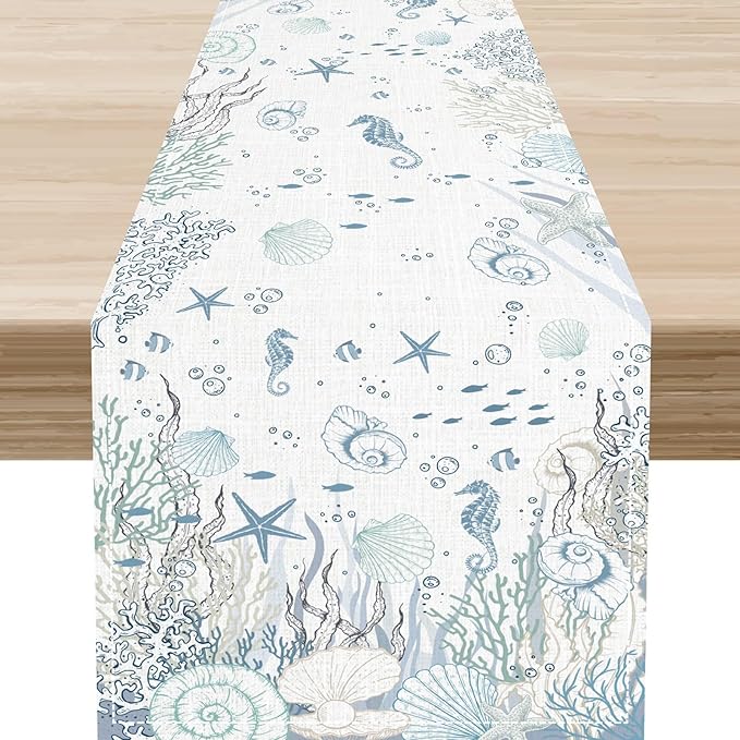 Summer Coastal Table Runner, Watercolor Starfish Seahorse Seashells Blue Coral Nautical Tropical Ocean Beach Farmhouse Table Center Decor for Kitchen Dining Patio Party Indoor Outdoor, 13"x36" Inch