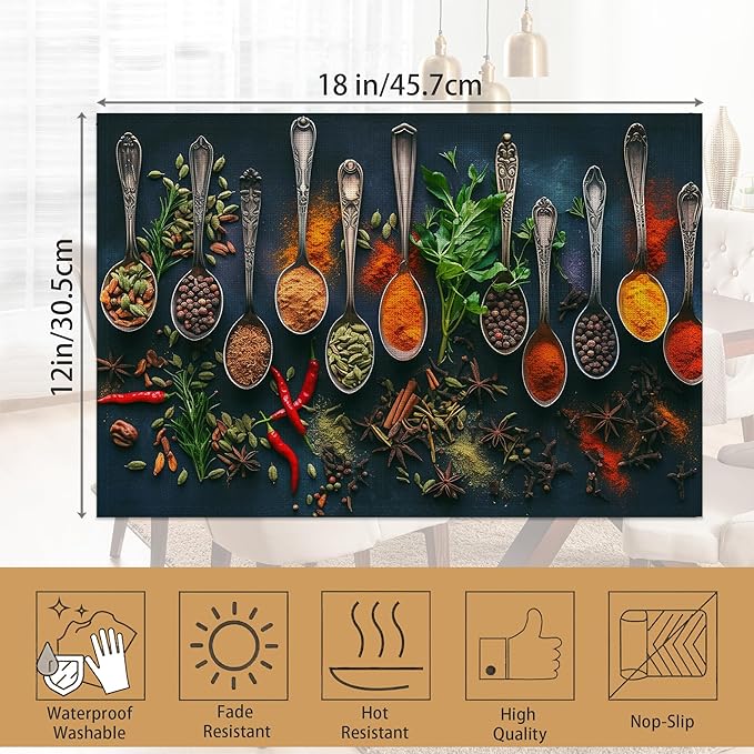 Various Herbs Placemats Set of 6,Spices for Cooking Table Mates Non-Slip Heat Resistant Washable Linen Place Mats for Party Kitchen Dining Decoration Indoor Outdoor 12"x18"