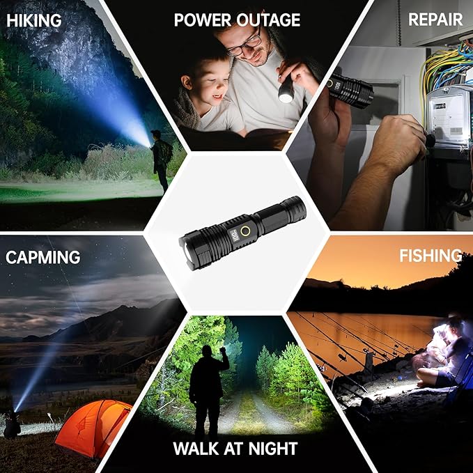 Flashlights High Lumens Rechargeable, 10000LM LED Super Bright Flash Light, Zoomable Linternas with LCD Digital Display, 5 Mode, Waterproof, Powerful Tactical Flashlight for Emergencies Camping Gift