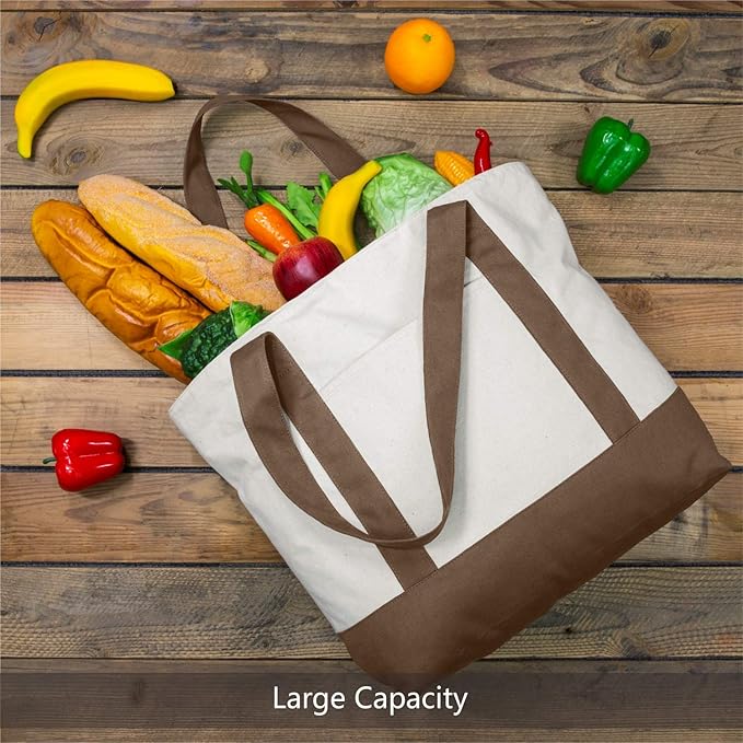 TOPDesign 6-Pack Canvas Tote Bags with an External Pocket, Reusable Grocery Shopping Bags, Top Zipper Closure, Daily Essentials (Brown/Natural)