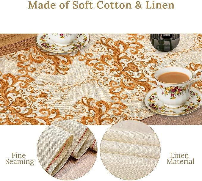 Damask Table Runner, Rustic Gold Gothic Boho Floral Flower Baroque Style Antique Vintage Retro Coffee Table Center Decor for Kitchen and Dining Outdoor Home Country Party Table Decorations, 13"x108"