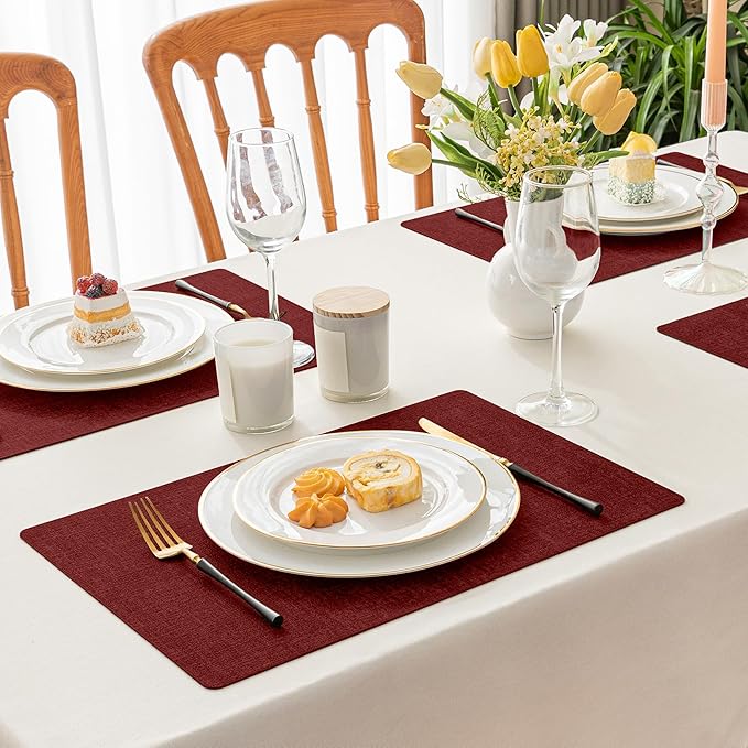 Romanstile Vinyl Placemats Set of 8-12 X 17 Inch - Heat Resistant Place Mats 100% Waterproof Oilproof Wipeable Reversible Faux Leather Table Mats for Kitchen, Dining, Party, Outdoor, Red