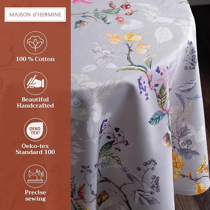 Maison d' Hermine Table Cloth Round Table 100% Cotton 63 Inches Fall Tablecloth Reusable Everyday Use for Thanksgiving Christmas Decorations Dining Farmhouse Party (Equinoxe - Grey)