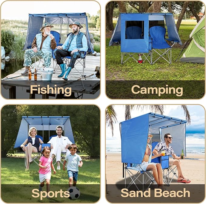BESTHLS Double Camping Chair with Canopy Shade - Heavy Duty 600D Outdoor Loveseat for Adults, 2-Person Beach Chair with Umbrella, Folding Camp Loveseat for Fishing, Sports, Patio (Blue)