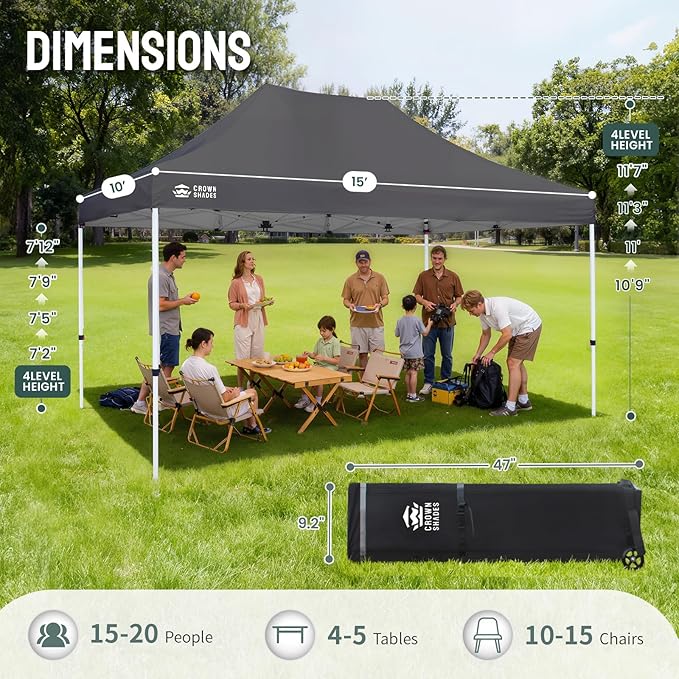 CROWN SHADES 10x15 Pop Up Canopy Tent, Thicken Frame Commercial Heavy Duty Tent, 8 Stakes & 4 Sandbags & 4 Ropes, Outdoor Canopies for Events, Parties,Grey