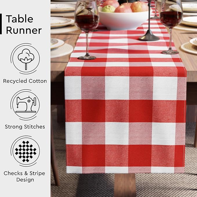Encasa XO Cotton Dining Table Runner | Buffalo Red Checks | Size 13x91 in - Machine Washable & Durable