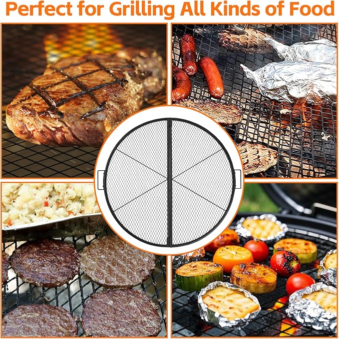 X-Marks Fire Pit Cooking Grill Grate with Support X Wire - Heavy Duty Folding Round Campfire Grill Grid - Portable Camping Cookware for Outside Party Gathering - 36 inch