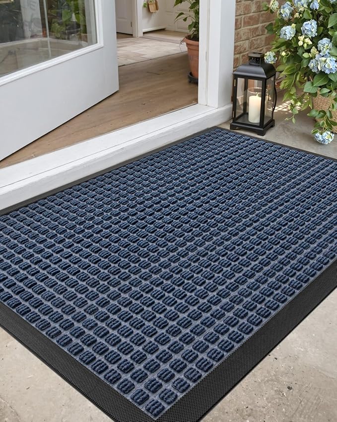 DEXI Front Door Mat Outside Entrance, 2x4 ft Rubber Entry Doormat Heavy Duty, Welcome Mats Non Slip for Inside House Floor Entryway Double Doors Exterior Patio, Squares Blue