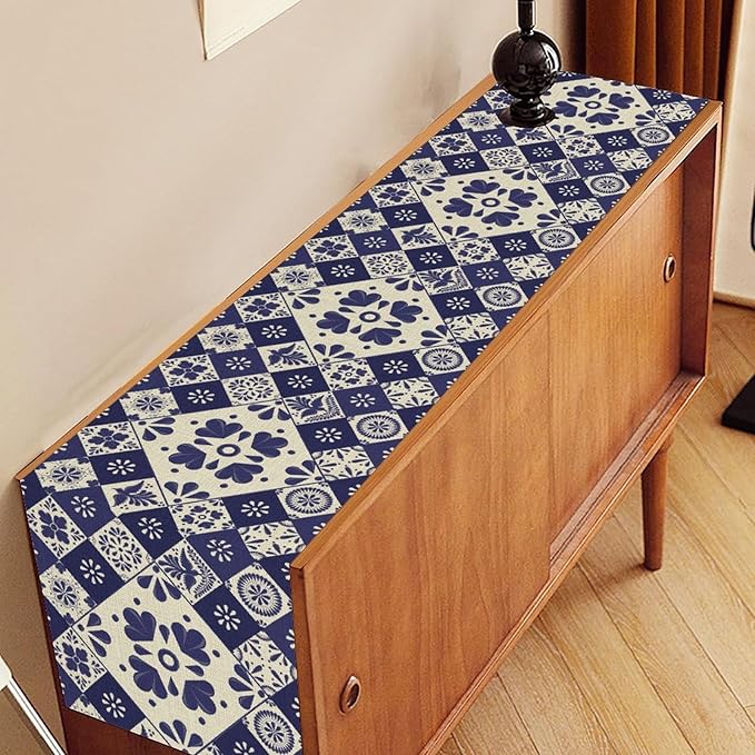 Mexican Table Runner, Blue Floral Birds Mexico Talavera Ceramic Dia De Los Muertos Coffee Table Center Decor for Family Home Kitchen and Dining Farmhouse Indoor Outdoor Table Decorations, 13" X 90"