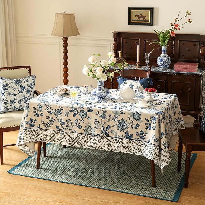 Vintage Blue and White Extra Long Rectangle Tablecloth,French Linen Floral Wrinkle Free Tablecloths,Decor Table Cover for Kitchen,Dining,Party,Thanksgiving,Christmas,67"*118"-Suqing
