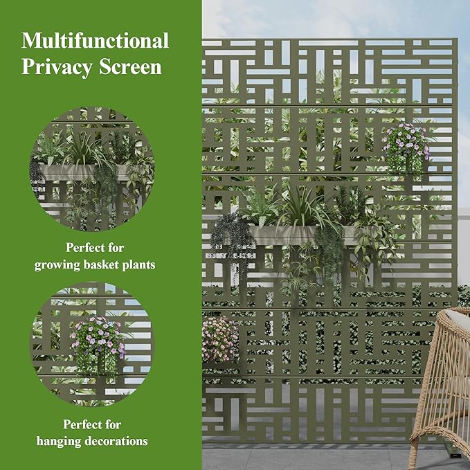 Casaphoria Metal Privacy Screen Outdoor, 72" H x 47" W Freestanding Decorative Privacy Screen for Patio Deck Balcony Garden with Stable Base, Grey-Helen