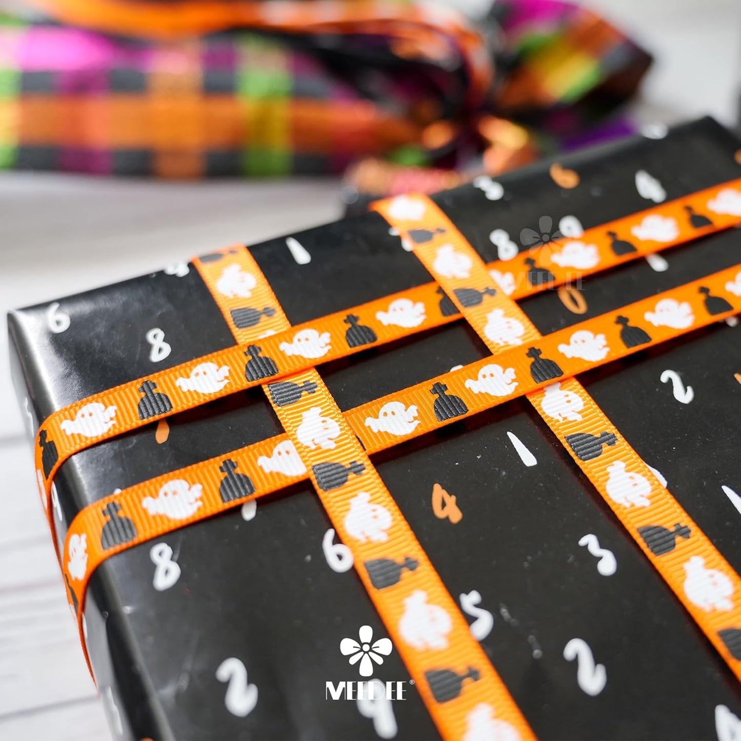 MEEDEE 3/8 inch 1 inch Halloween Ribbon Set Spooky October Ribbon Assortment 5 Rolls 10 Yards Halloween Crafts, Fall Gift Wrap, Party Decorations, Autumn Wreaths, Trim Bundle, Wreath Bow Supplies