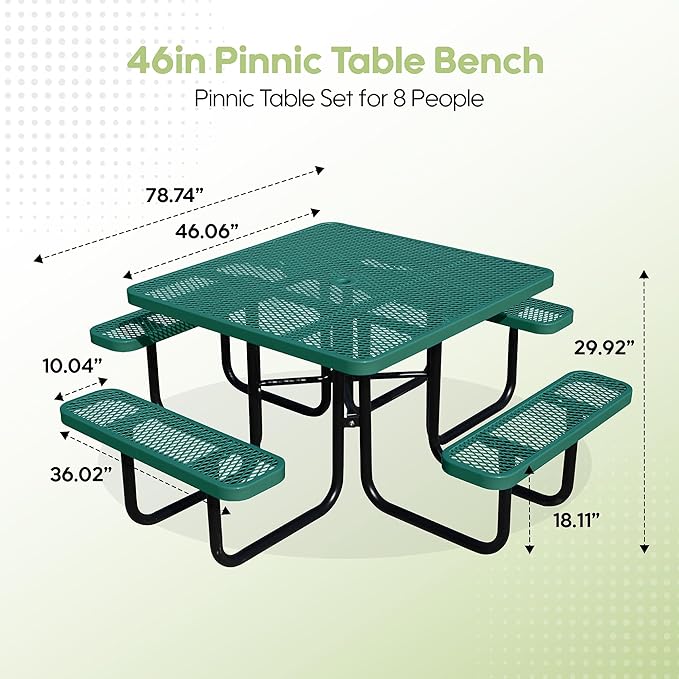 46'' Square Metal Picnic Table for Outdoors, Commercial Steel Metal Picnic Tables, Heavy Duty Sturdy Picnic Tables Furniture Set for Patio Garden Courtyard BBQ, with Umbrella Hole, Green