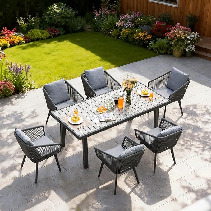 7 Pieces Patio Dining Set for 6 - All Weather Outdoor Dining Sets, All in One Outdoor Table and Chairs, Wicker Outdoor Patio Furniture Sets with Cushions and Pillows, Grey