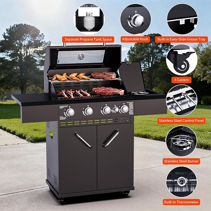 4 Burners Propane Gas Grill with Visual Glass, 50000 BTU Outdoor BBQ Propane Grill with Side Burner, Heighter, Double-Layer Lid, Stainless Steel Grids and Observing Changes in Food for Perfect BBQ