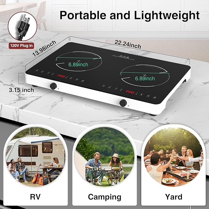 Double Induction Cooktop, 2 Burner Induction Burner 20 Temperature & Power Levels Portable Electric Stove Countertop Burners, Knob Control, Child Safety Lock & 4H Timer, Auto Shut-Off