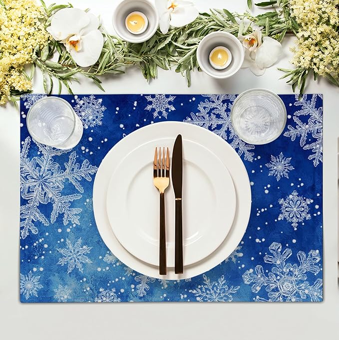 Winter Blue Snowflake Placemats Set of 4 Merry Christmas Snowflakes Linen Fabric Table Mats Seasonal Xmas Holiday Washable Place Mats for Party Kitchen Dining Outdoor Indoor Decor