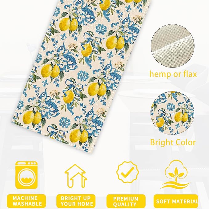 Lemon Flower Table Runner Dresser Scarves Seasonal Linen Tablerunner for Indoor Outdoor Kitchen Home Party Holiday Dining Table Decor 13 X 70 Inch