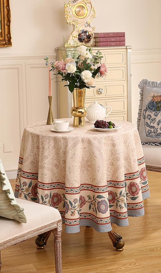 Designer Floral Linen Round Tablecloth,Vintage Indian Wrinkle Resistant Tablecloths,Decor Table Cover for Kitchen,Dining,Tea Party,Thanksgiving,Christmas,Diameter 67"-Flowershadow E