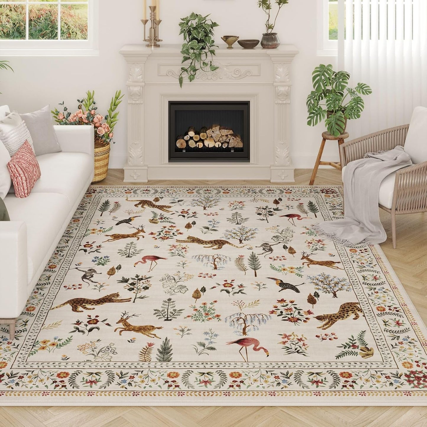 Rugcomf Area Rugs 8x10 Rug for Living Room Clearance Washable Boho Area Rug Non Slip Floral Animal Vintage Low Pile Large Rug for Living Room, Bedroom, Farmhouse, Dining Room, Kids Playroom (Beige)