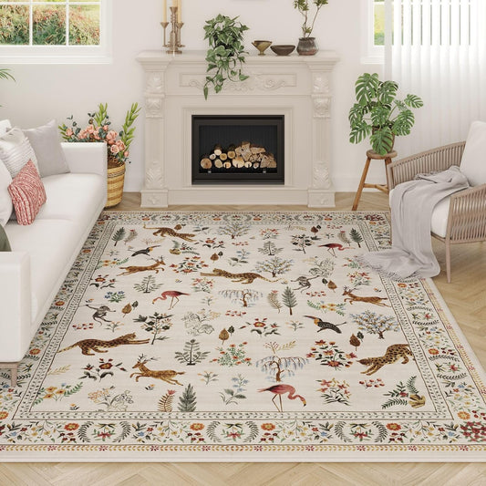 Rugcomf Area Rugs 8x10 Rug for Living Room Clearance Washable Boho Area Rug Non Slip Floral Animal Vintage Low Pile Large Rug for Living Room, Bedroom, Farmhouse, Dining Room, Kids Playroom (Beige)