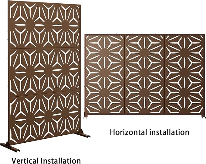 Metal Privacy Screen Outdoor 72" H×47" W,Freestanding Decorative Privacy Screen for Balcony Yard&Garden,Privacy Fence-Brown&Star