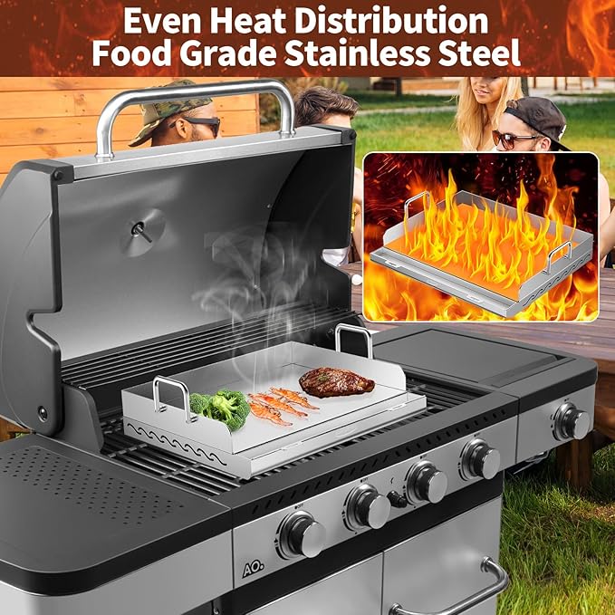 Stainless Steel Griddle for Gas Grill, 23" x 16" x 2.2", Flat Top Grill with Removable Grease Tray