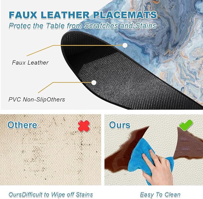 Marble Faux Leather Placemats Set of 4 - Heat Resistant Placemats for Dinner Table, Non-Slip Waterproof Oil-Proof Washable Reusable Placemat for Indoor Outdoor Kitchen Decor, 15.75In*11.81In