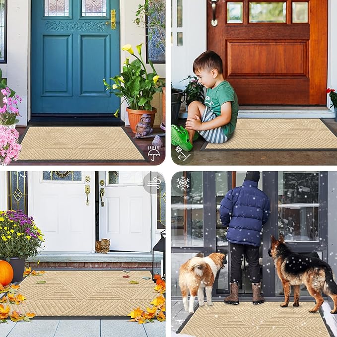 Smiry Front Door Mat Outside Entrance, Heavy Duty Sturdy Natural Rubber Doormat, Trap Dirt and Moisture, Easy Clean Low Profile Mats for Indoor Outdoor Entry, Irregular Triangle (71x24, Beige)
