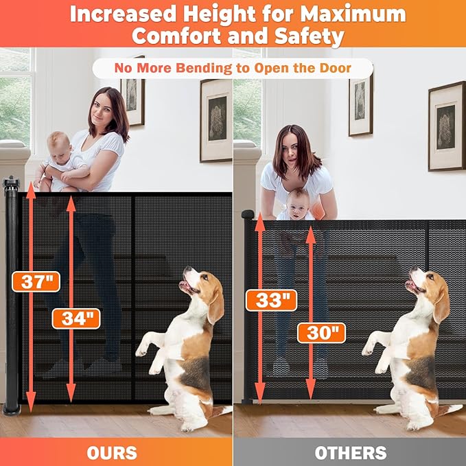 Retractable Baby Gates for Stairs, 78" Wide Retractable Dog Gate Pet Gate, 34" Extra Tall Child Safety Gate Toddler Mesh Gate with Support Rods for Doorways, Hallways, Deck, Porch, Indoor, Outdoor
